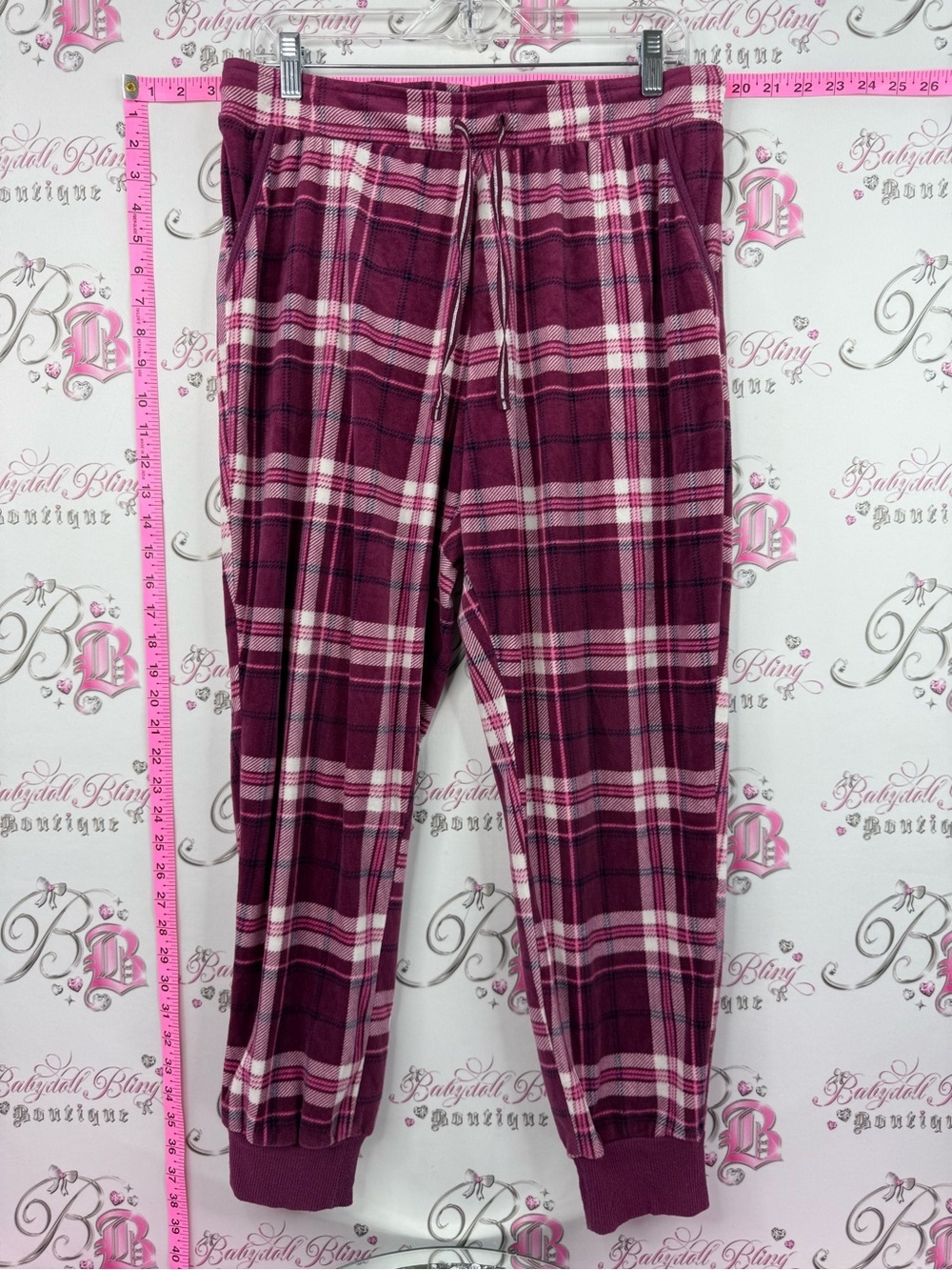 Nautica pants soft fleece Burgundy and Pink Plaid Drawstring Joggers